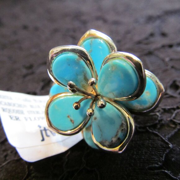 Tehya Oyama Blue Kingman turquoise flower ring Sterling Silver over Copper Sz 10 - Picture 7 of 16